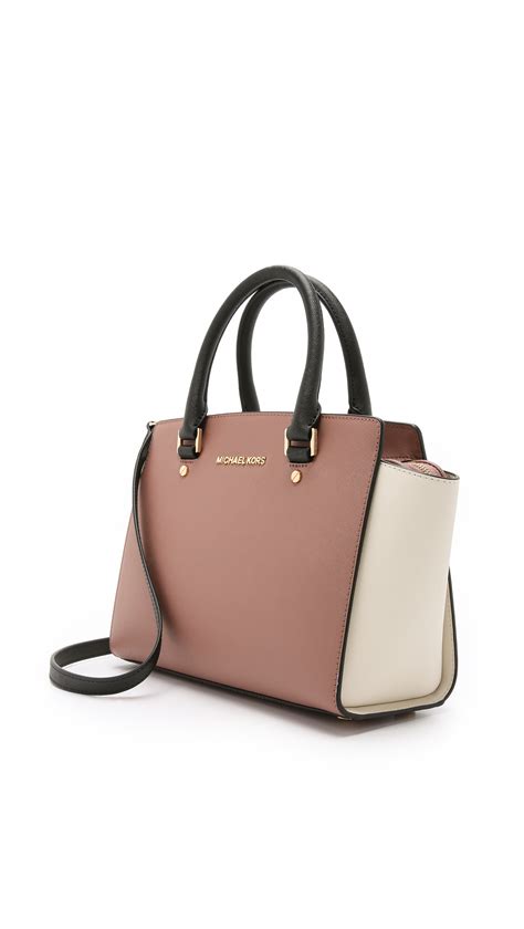 michael michael kors selma medium colorblock pink leather satchel bag